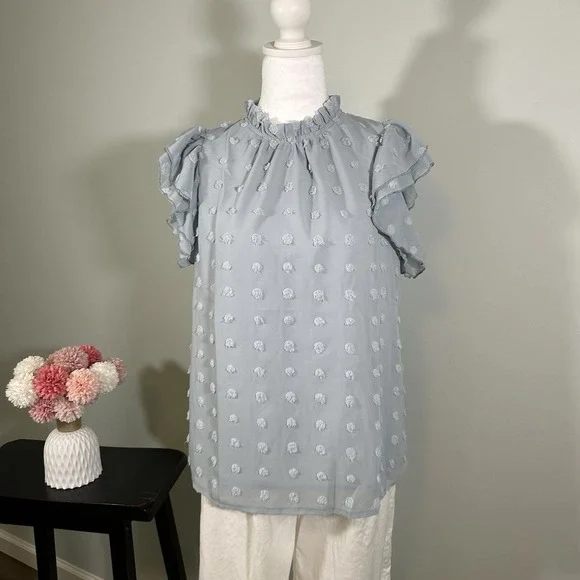 SHEIN Women's Swiss Dot Blouse Baby Blue Medium Ruffle Sleeve - Picture 2 of 8